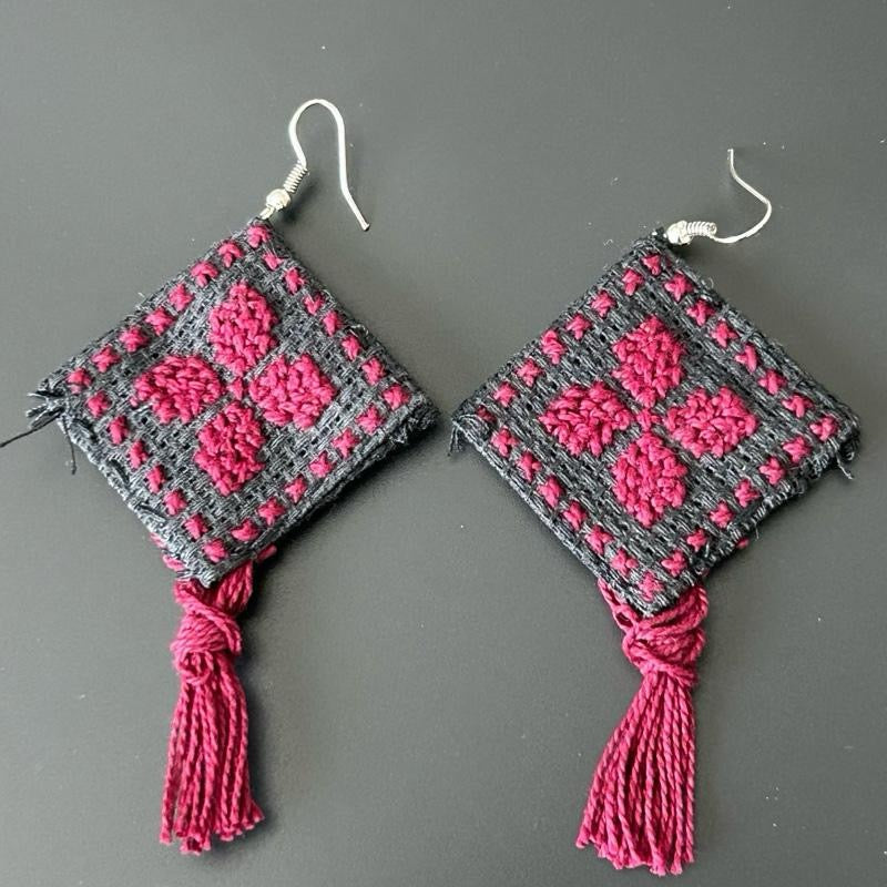 Handmade Palestinian Tatreez Earrings – Made in Palestine Maroon Floral Embroidery