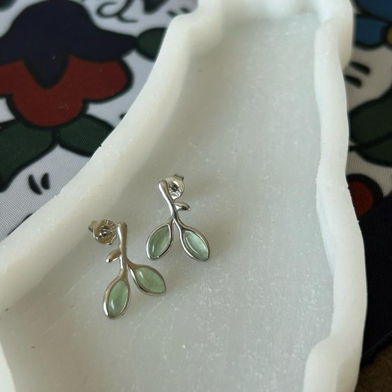 Olive Branch Stud Earrings Silver-Tone Green Leaf