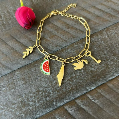 Palestinian Symbol 5 Charms Bracelet Adjustable with Olive Branch Watermelon Map Dove & Key of Return