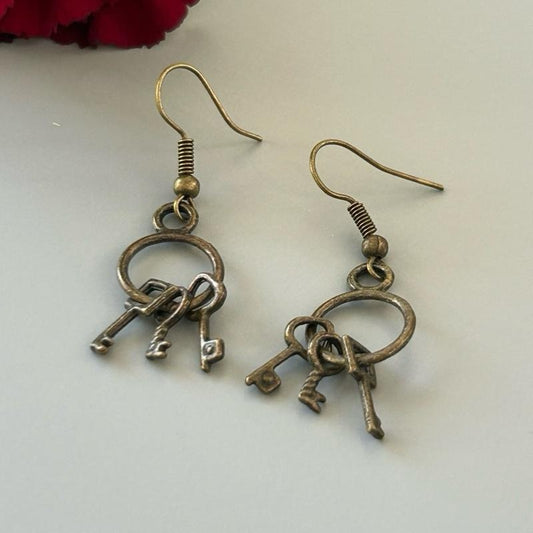 Antique-Style Key of Return Earrings | Vintage Brass-Tone