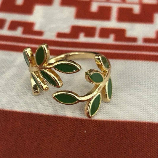 Olive Branch Adjustable Ring with Green Leaves Design