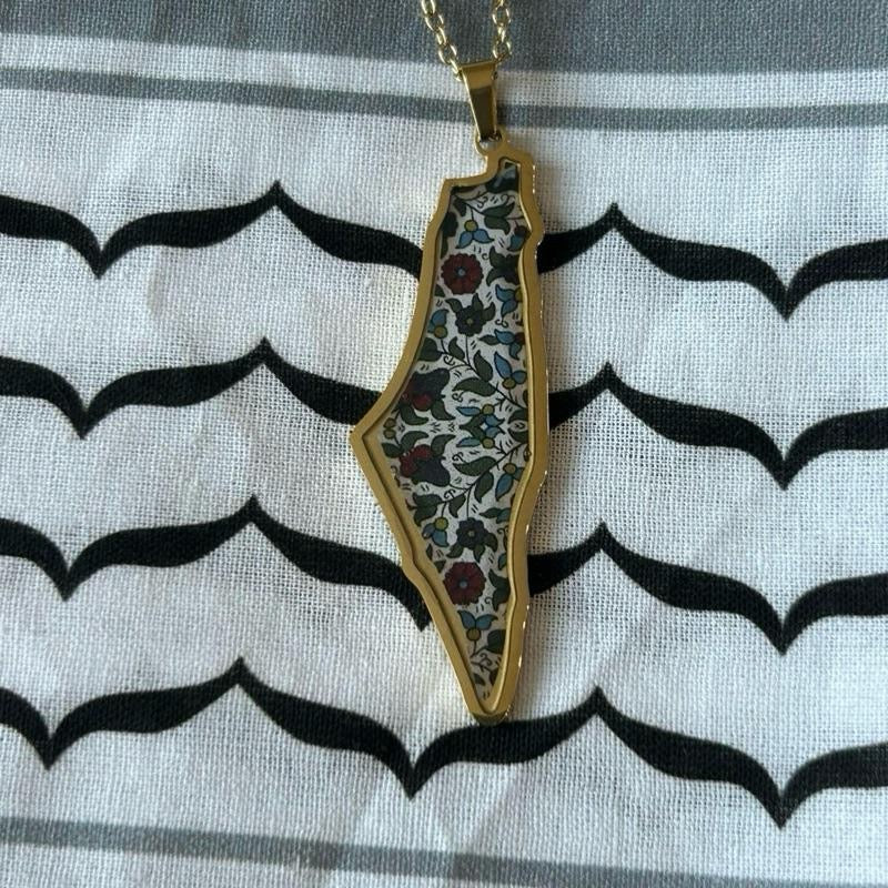 Palestine Map Necklace with Hebron Floral Pattern