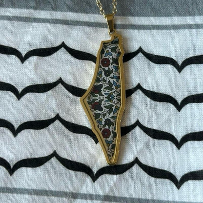 Palestine Map Necklace with Hebron Floral Pattern
