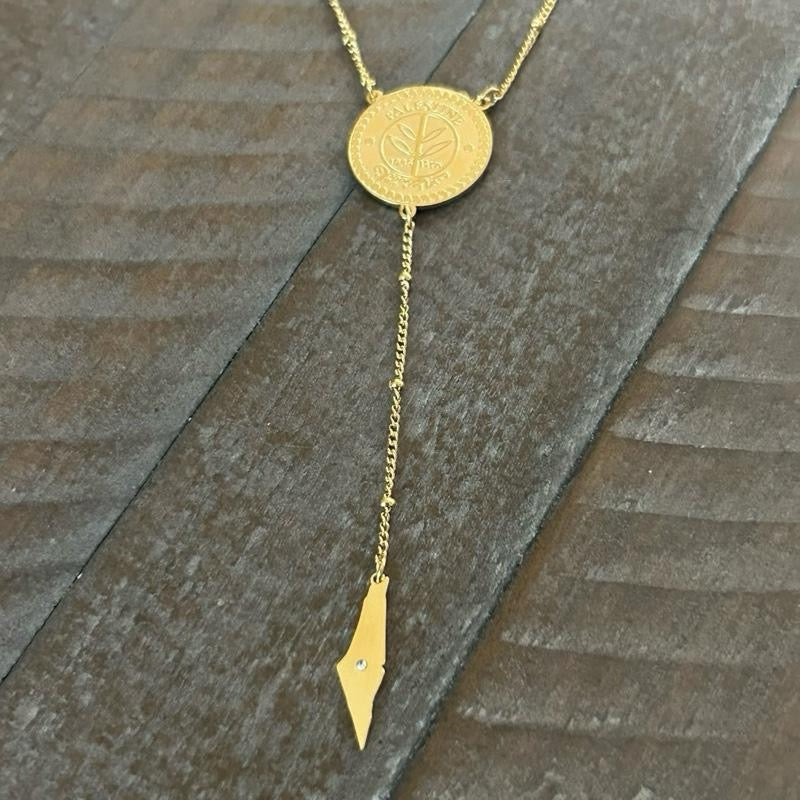 Gold Plated Palestine Coin Y Necklace with Map Charm – Palestinian Necklace, Heritage Jewelry, Cultural Gift