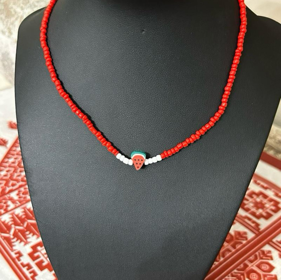 Beaded Watermelon Necklace – Palestinian Inspired Red & White Bead Choker