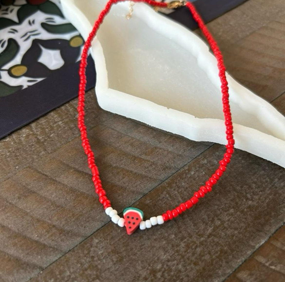 Beaded Watermelon Necklace – Palestinian Inspired Red & White Bead Choker