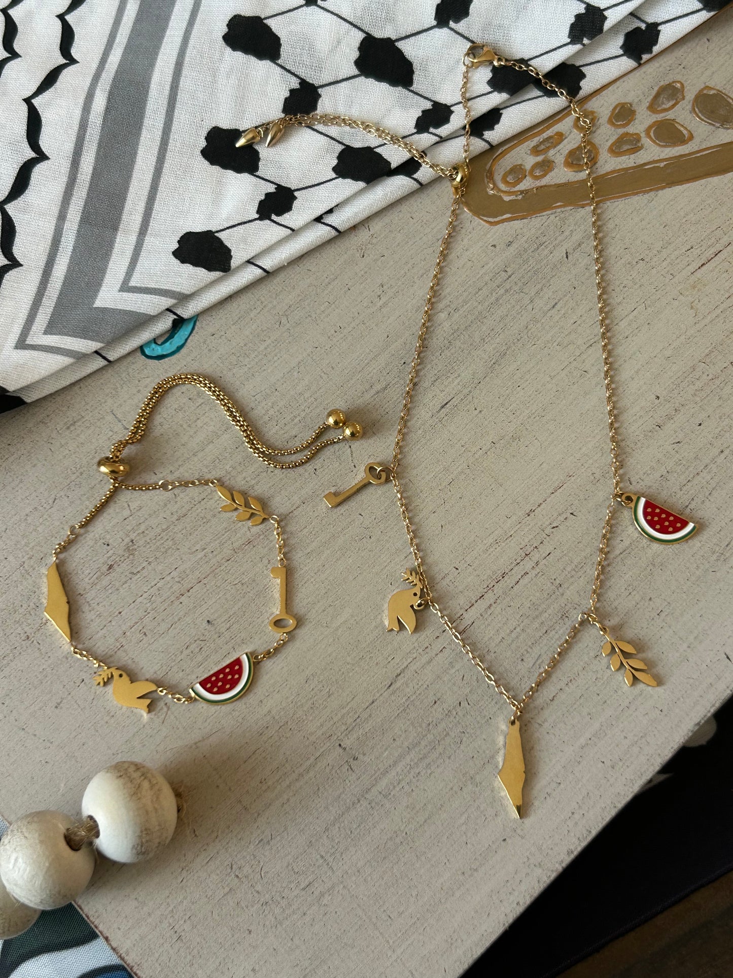 Palestine 5 Charms Necklace & Bracelet Map Watermelon Dove Olive Branch Key of Return Charms