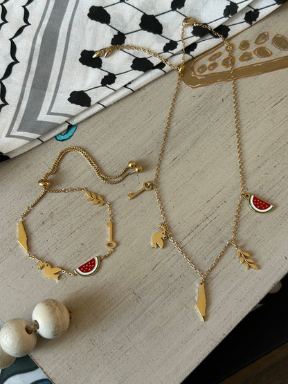 Palestine 5 Charms Necklace & Bracelet Map Watermelon Dove Olive Branch Key of Return Charms
