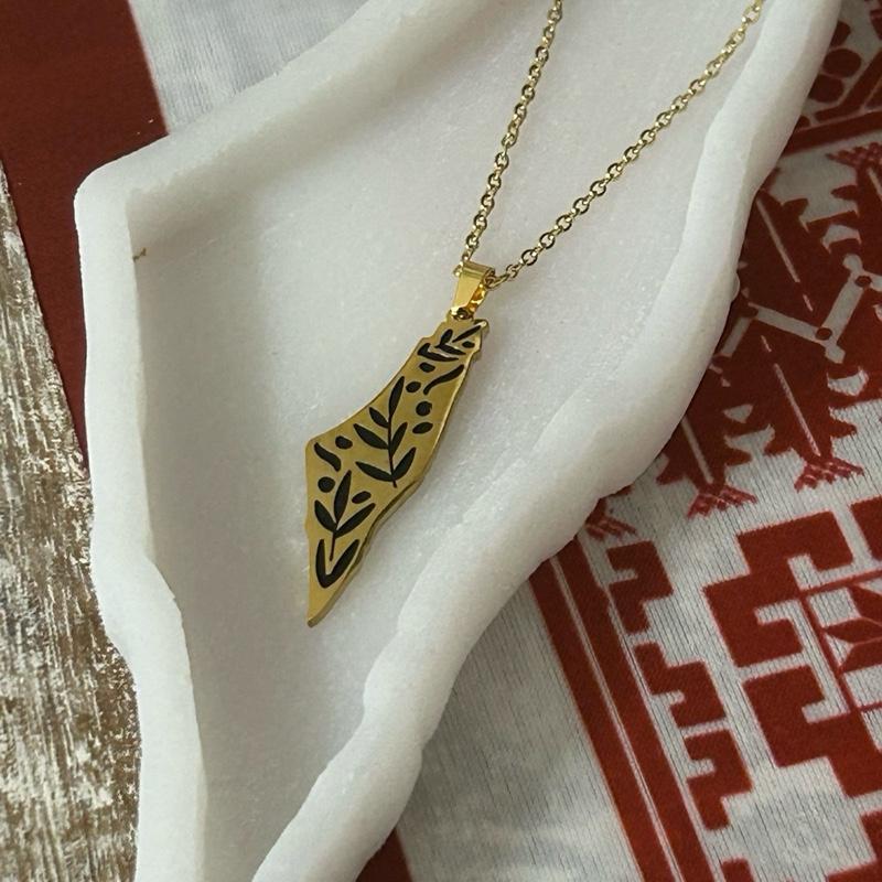 Palestine Map Necklace with Olive Branch Cutout