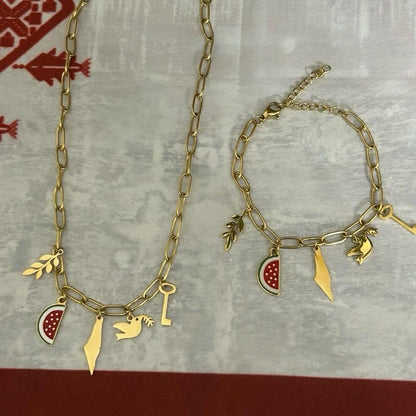Palestinian Jewelry Set - Necklace & Bracelet with Map, Watermelon, Dove, Olive Branch & Key Charms