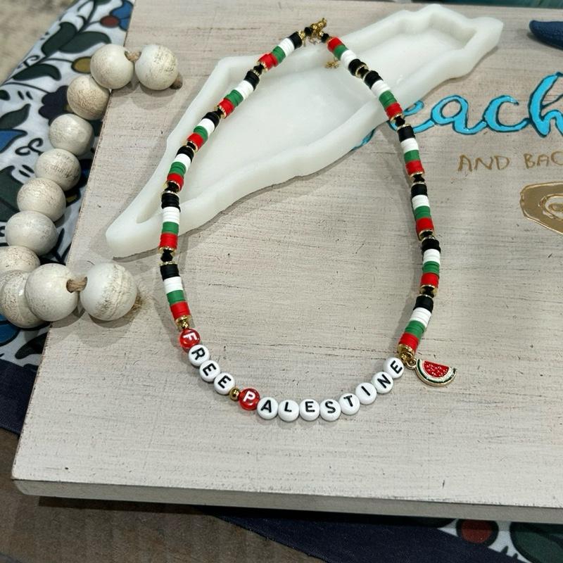 FREE PALESTINE Necklace for Women, Men and Girls – Beaded Jewelry in Palestine Flag Colors with Watermelon Charm