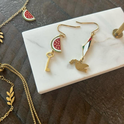 Palestine 5 Charms Necklace Earrings & Bracelet Set Watermelon Dove Olive Branch Key of Return Symbols Jewelry for Cultural Events & Daily Wear