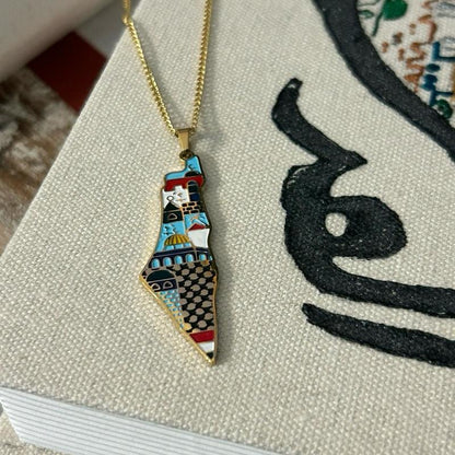 Colorful Palestine Map Necklace with Landmarks & Culture
