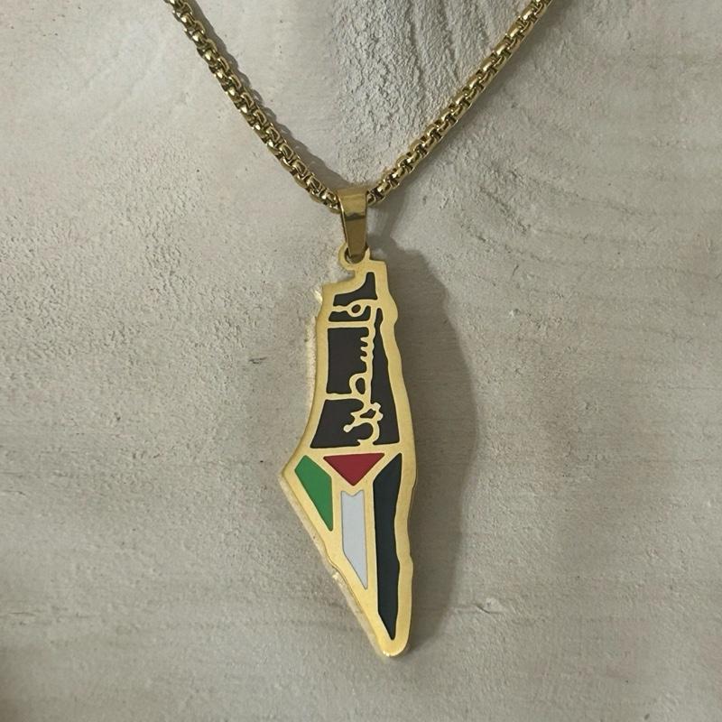 Palestine Map Necklace with Flag and Arabic Calligraphy Palestine فلسطين