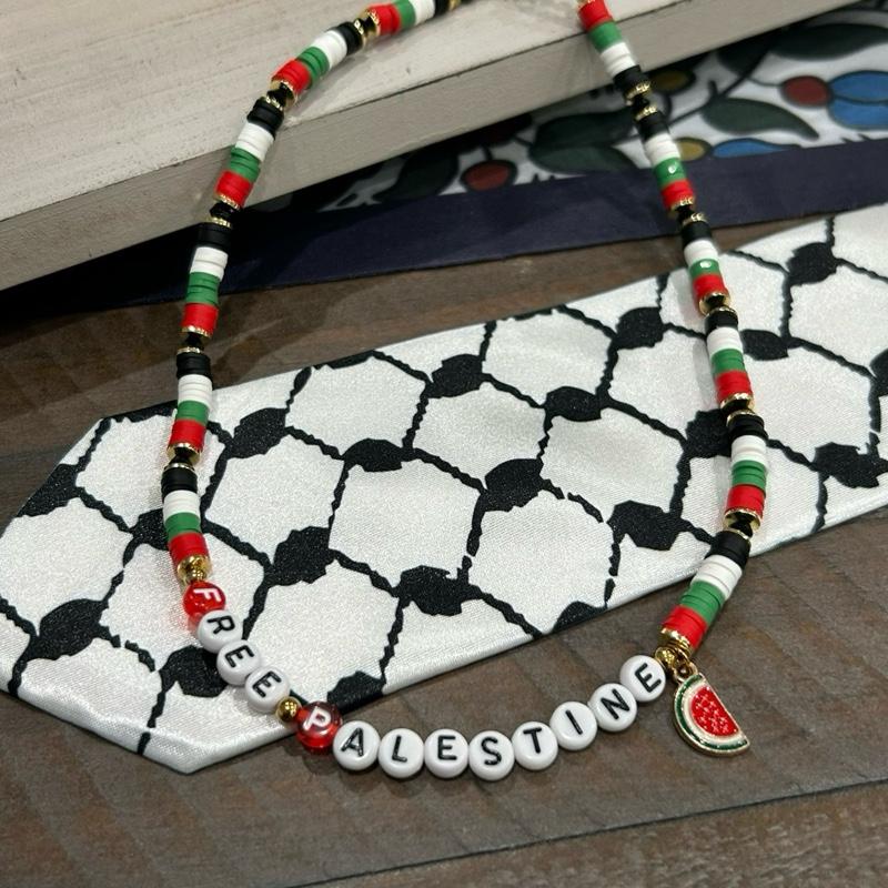 FREE PALESTINE Necklace for Women, Men and Girls – Beaded Jewelry in Palestine Flag Colors with Watermelon Charm