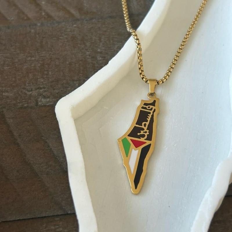 Palestine Map Necklace with Flag and Arabic Calligraphy Palestine فلسطين