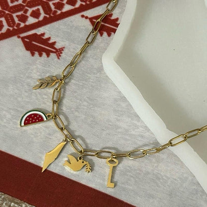Palestine Paperclip Charm Chain Necklace with Olive Branch Watermelon Slice Map Dove & Key Charms