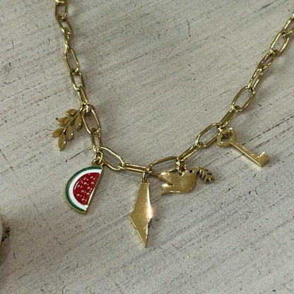 Palestine Paperclip Charm Chain Necklace with Olive Branch Watermelon Slice Map Dove & Key Charms