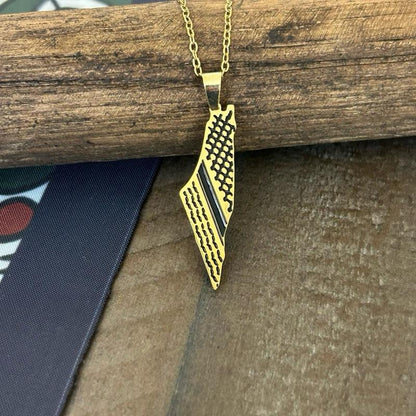 Gold-Plated Palestine Map Necklace with Keffiyeh Pattern