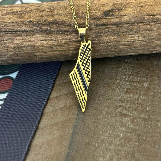 Gold-Plated Palestine Map Necklace with Keffiyeh Pattern