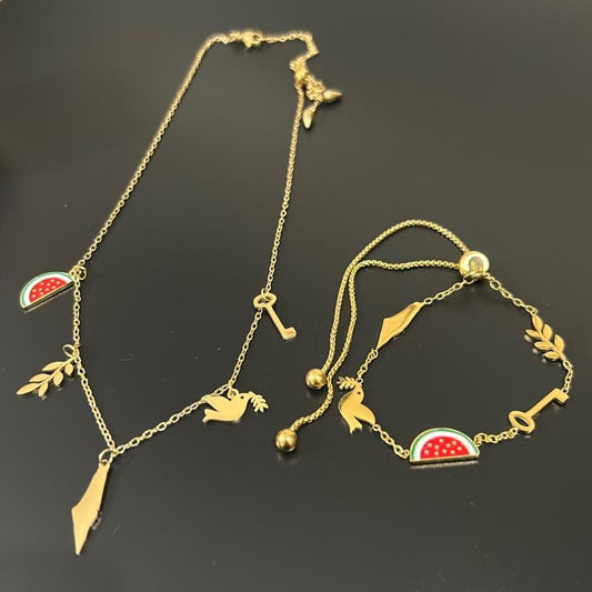 Palestine 5 Charms Necklace & Bracelet Map Watermelon Dove Olive Branch Key of Return Charms