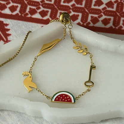 Palestinian Symbol Charm Bracelet with Olive Branch Watermelon Map Dove Key of Return Unique Design
