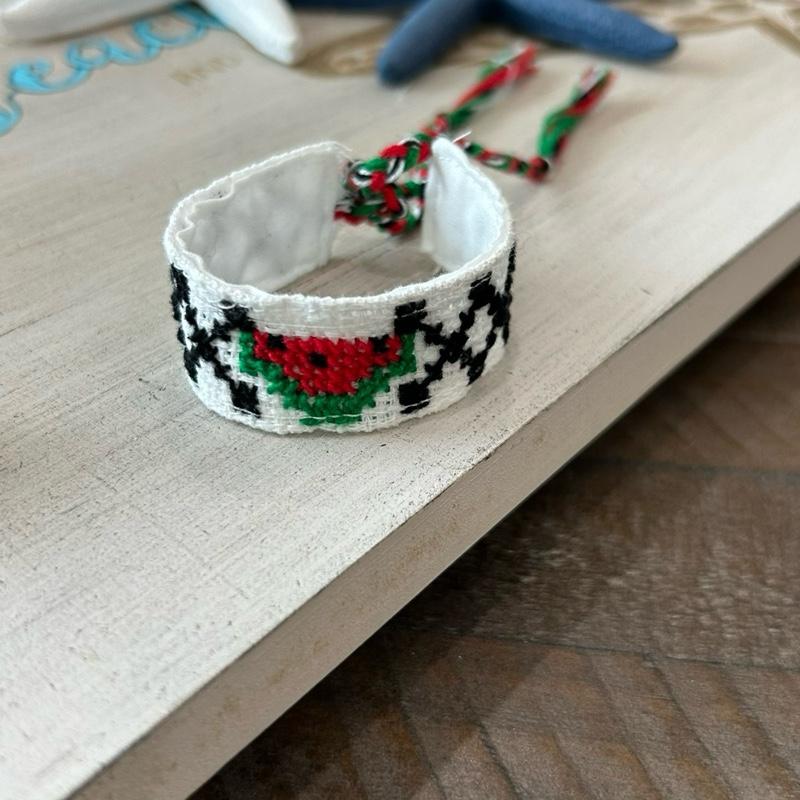 Authentic Handmade Palestinian Embroidery Handwoven Tatreez Bracelets Keffiyeh Flag Watermelon Design with Colorful Tassels Adjustable Lightweight