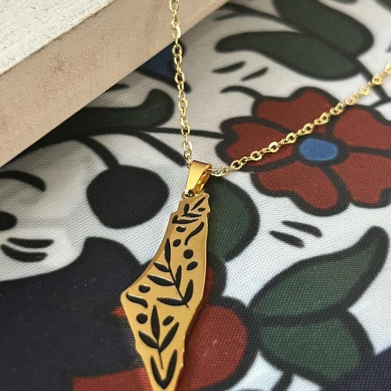 Palestine Map Necklace with Olive Branch Cutout