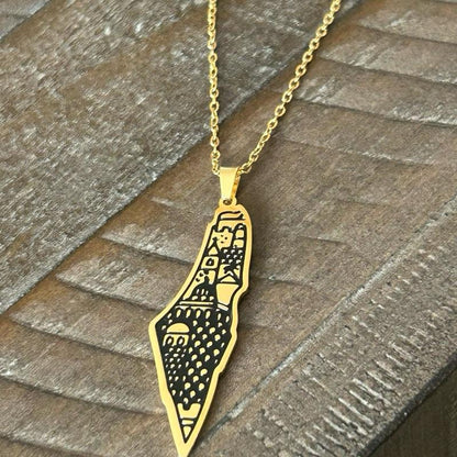 Palestine Map Necklace Gold Plated Outline with Historic Architecture Unique Design