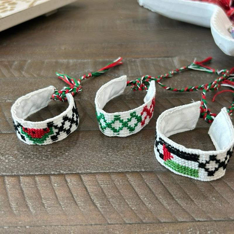 Authentic Handmade Palestinian Embroidery Handwoven Tatreez Bracelets Keffiyeh Flag Watermelon Design with Colorful Tassels Adjustable Lightweight