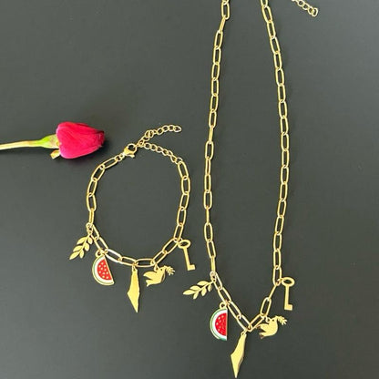 Palestinian Jewelry Set - Necklace & Bracelet with Map, Watermelon, Dove, Olive Branch & Key Charms