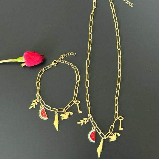 Palestinian Jewelry Set - Necklace & Bracelet with Map, Watermelon, Dove, Olive Branch & Key Charms