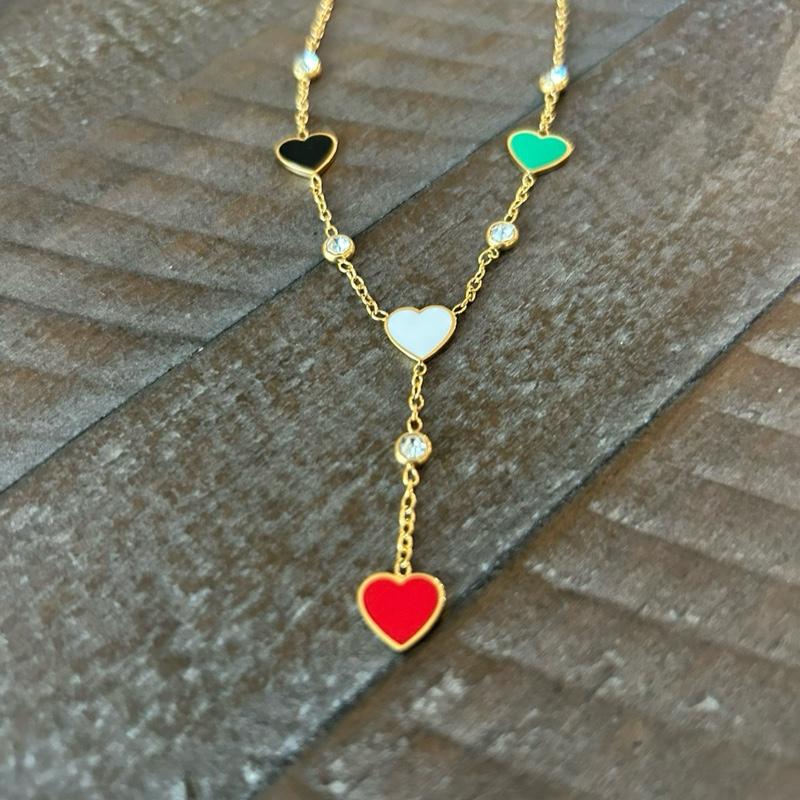 Palestine Flag Hearts Y Necklace – Red/Green/Black/White Enamel, Crystal Accents, Adjustable