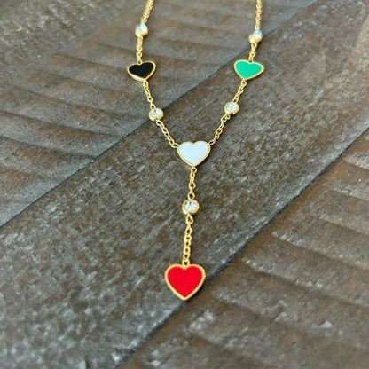 Palestine Flag Hearts Y Necklace – Red/Green/Black/White Enamel, Crystal Accents, Adjustable