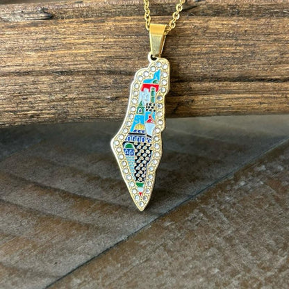 Palestine Cities Necklace Adjustable Cultural Landmark Pendant with Colorful Map
