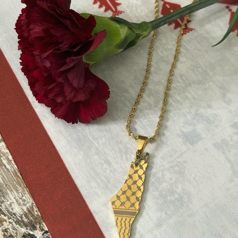 Palestine Map with Keffiyeh Pattern Necklace