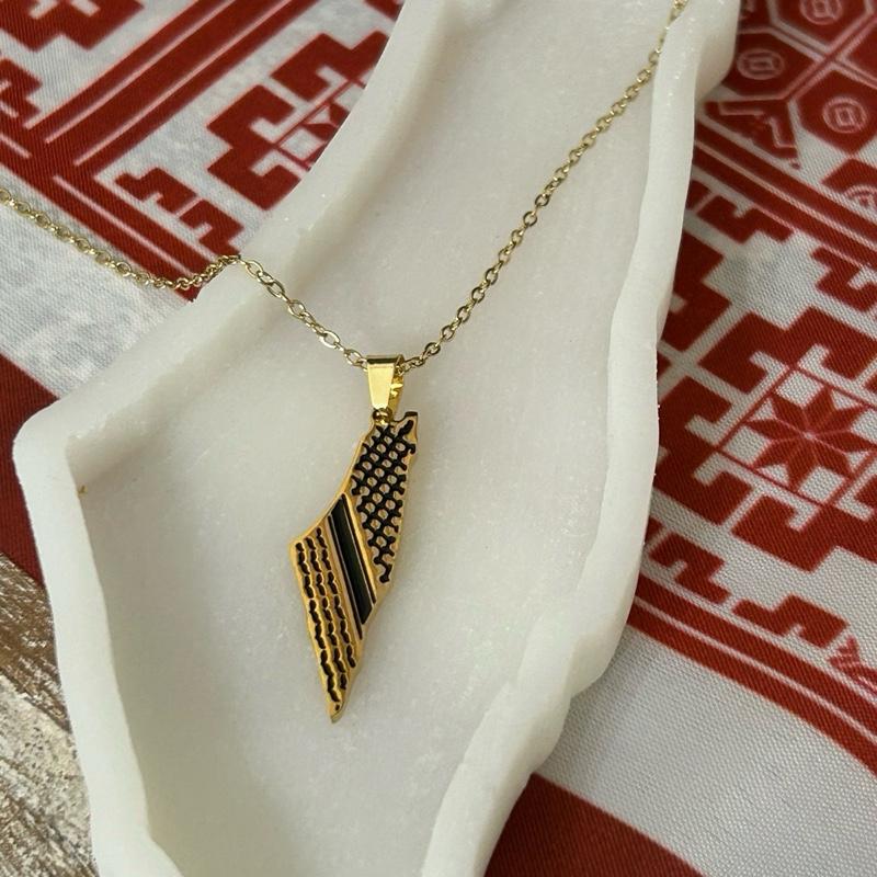 Gold-Plated Palestine Map Necklace with Keffiyeh Pattern