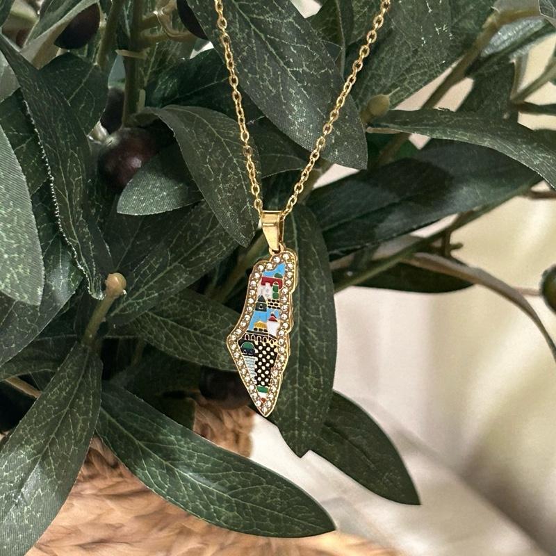 Palestine Cities Necklace Adjustable Cultural Landmark Pendant with Colorful Map