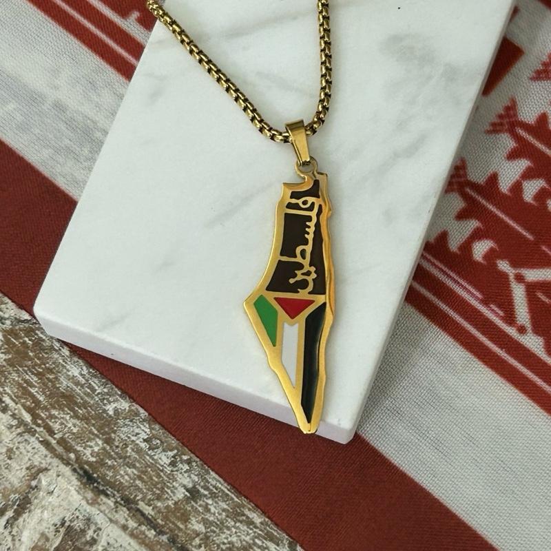 Palestine Map Necklace with Flag and Arabic Calligraphy Palestine فلسطين