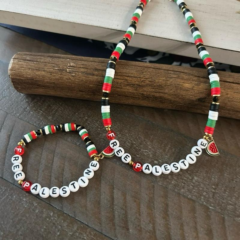 FREE PALESTINE Beaded Set Necklace & Bracelet with Flag Colors & Watermelon Charm