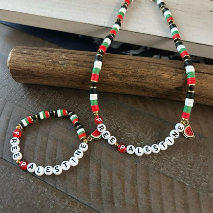 FREE PALESTINE Beaded Set Necklace & Bracelet with Flag Colors & Watermelon Charm