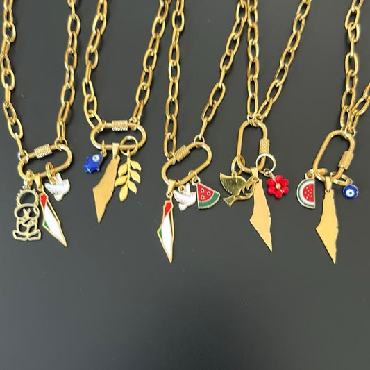 Lock Chain Necklace 5 Choices 5 Stories Palestine Map Dove Watermelon Hamsa Eye Olive Branch Handala Chunky Chain Clasp