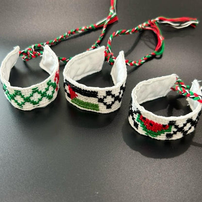Authentic Handmade Palestinian Embroidery Handwoven Tatreez Bracelets Keffiyeh Flag Watermelon Design with Colorful Tassels Adjustable Lightweight