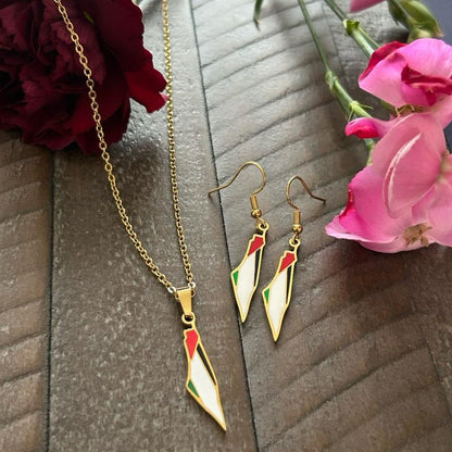 Palestine Map Draped in Flag Jewelry Set - Gold-Plated Necklace & Earrings with Red Green and White Colors