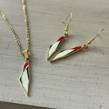 Palestine Map Draped in Flag Jewelry Set - Gold-Plated Necklace & Earrings with Red Green and White Colors