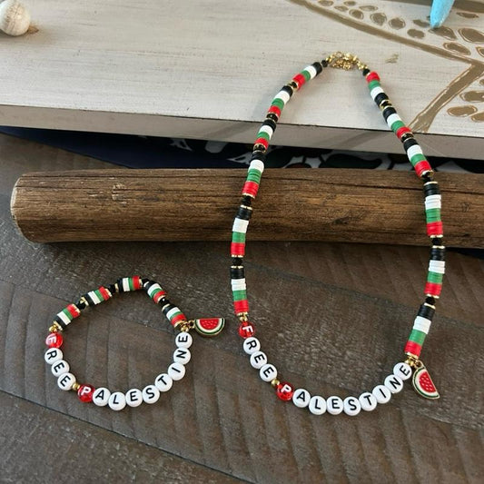 FREE PALESTINE Beaded Set Necklace & Bracelet with Flag Colors & Watermelon Charm