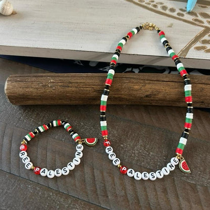 FREE PALESTINE Beaded Set Necklace & Bracelet with Flag Colors & Watermelon Charm