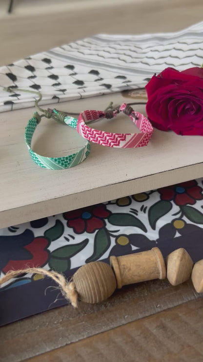 Keffiyeh Cord Bracelet - Adjustable Keffiyeh Bands in Red Black & Green Patterns.